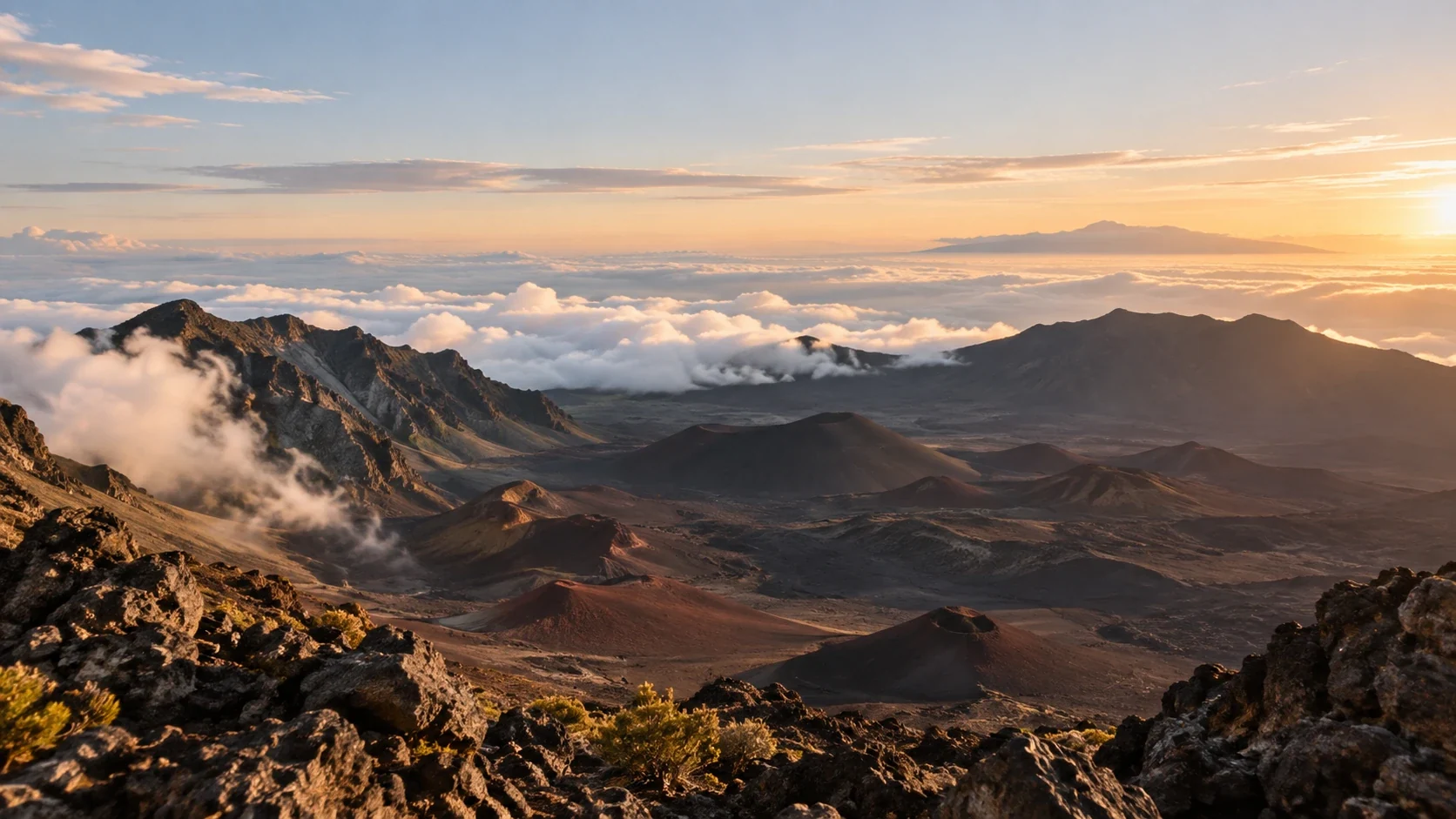 Volcanic ridges and cinder cones beneath a sea of clouds in warm morning light.